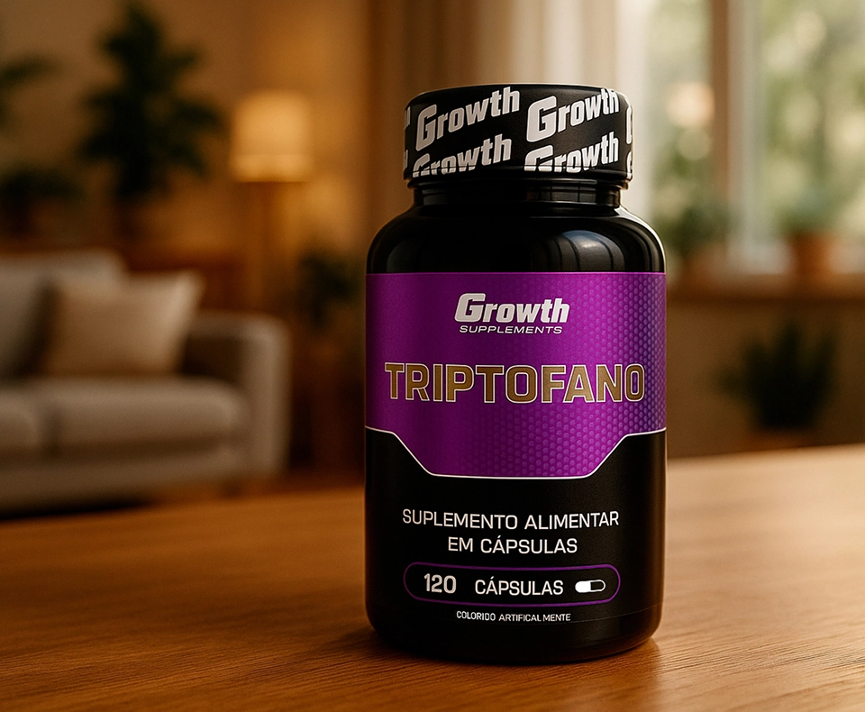 TTriptofano 120 caps - Growth Supplements em cima de uma mesa de madeira e uma sala atrás