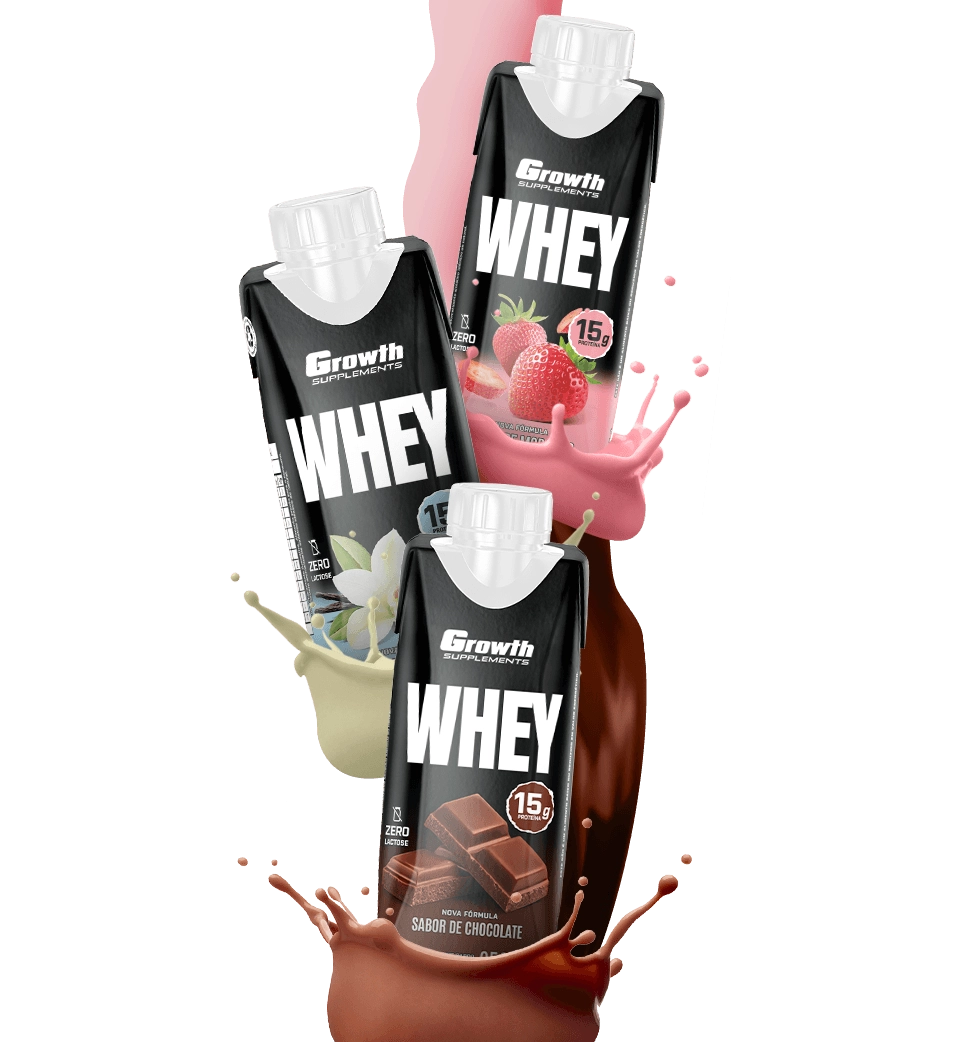 Três sabores da BEBIDA LÁCTEA UHT DE PROTEÍNAS - GROWTH SUPPLEMENTS