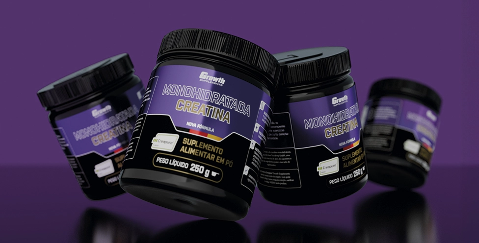 Quatro Creatinas Creapure de 250 g Growth Suplementos, uma do lado da outra