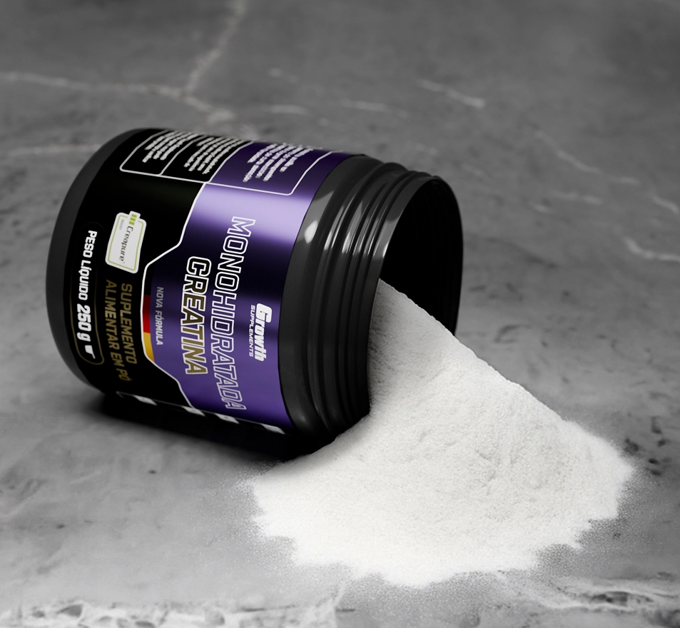 Creatina Creapure de 250 g Growth Suplementos, com o pó sendo derramado.