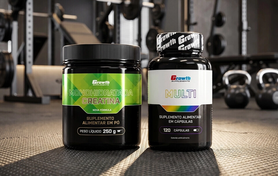 Creatina Monohidratada e Multi Growth Supplements dentro de uma academia