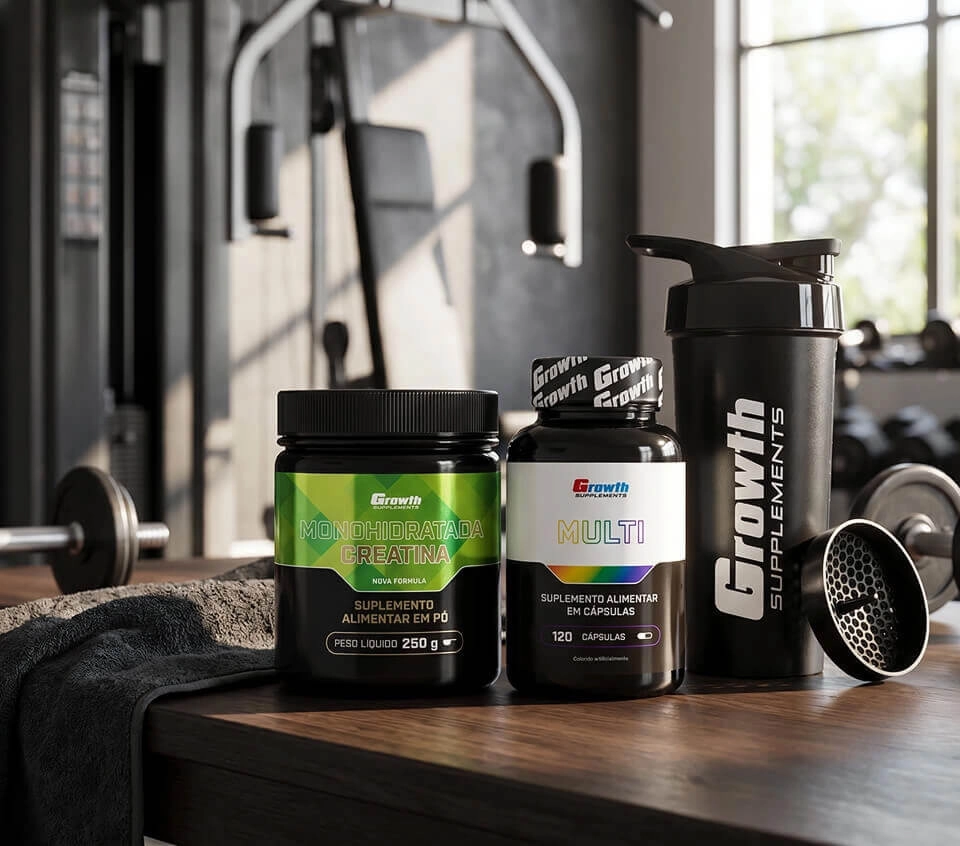 Creatina Monohidratada, Multi Growth e coqueteleira Supplements dentro de uma academia
