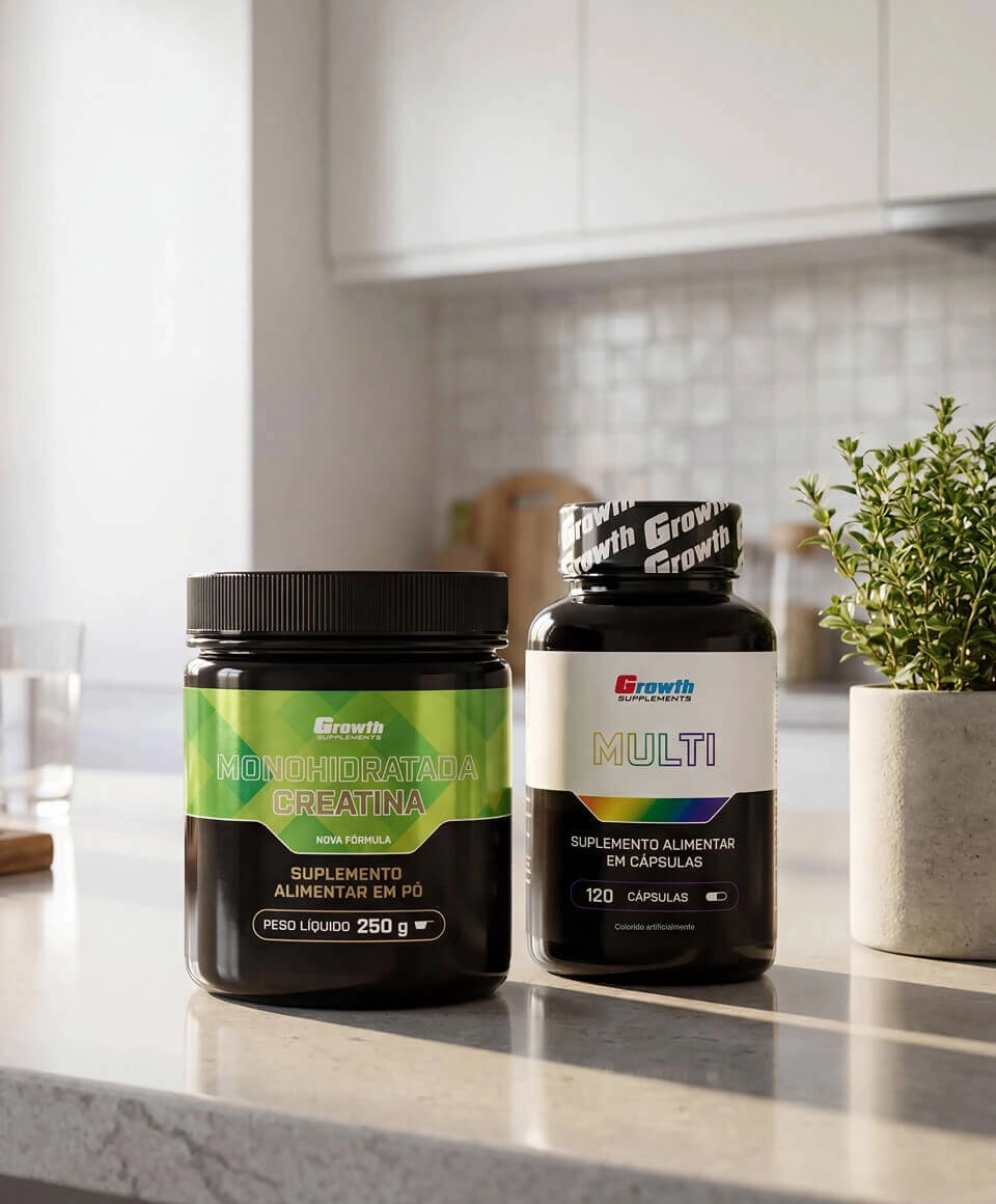 Creatina Monohidratada e Multi Growth Supplements ao lado de uma planta