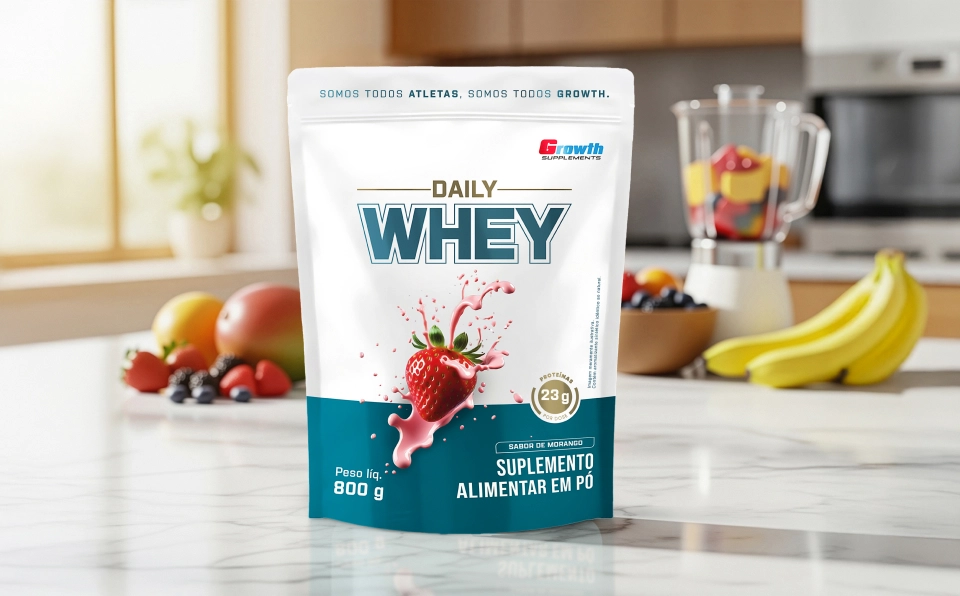 GROWTH SUPPLEMENTS - Embalagens de Daily Whey morango 400g e 800g em balcão de cozinha
