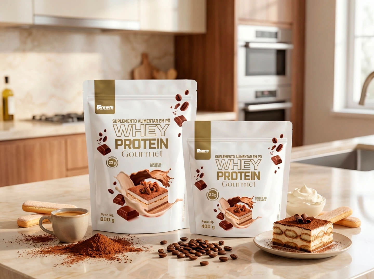 GROWTH SUPPLEMENTS - Whey Gourmet Tiramisu ao lado de uma sobremesa