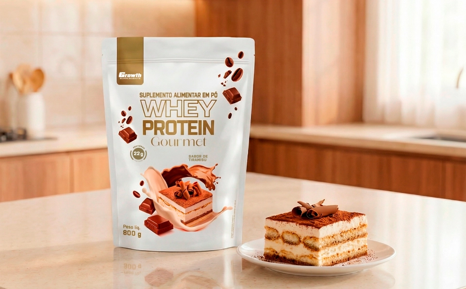 GROWTH SUPPLEMENTS - Whey Gourmet Tiramisu 2 tamanhos em uma mesa