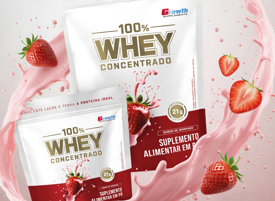 GROWTH SUPPLEMENTS - Embalagens de 100% Whey Protein Concentrado 400g e 800g em balcão de cozinha
