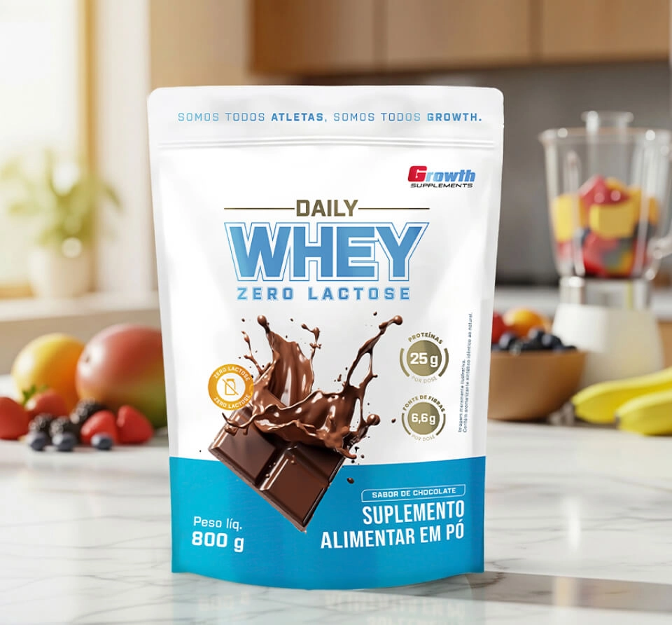GROWTH SUPPLEMENTS - Daily Whey Zero Chocolate num balcão de cozinha