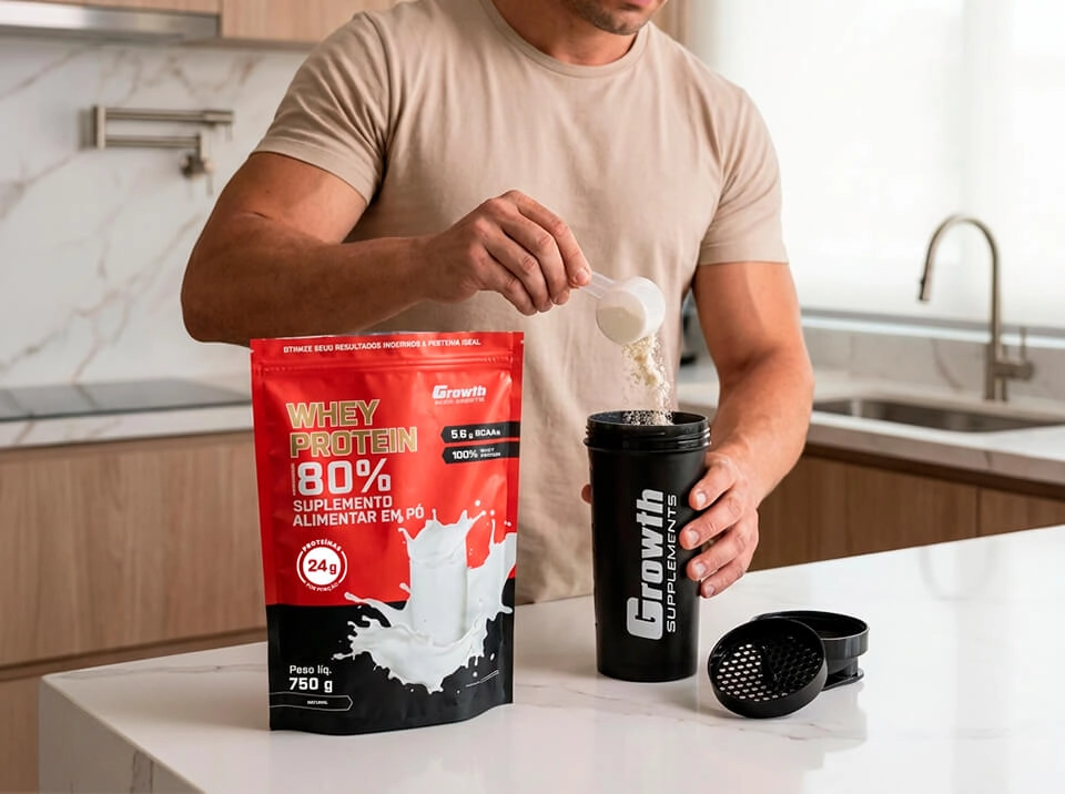 IMAGEM ILUSTRATIVA - HOMEM COLOCANDO SCOOP DE WHEY PROTEIN CONCENTRADO 750G NATURAL EM UM SHAKE
