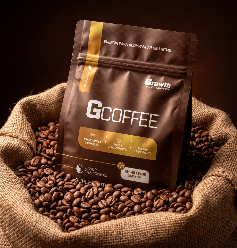 IMAGEM ILUSTRATIVA - Gcofee Growth Supplements dentro de um saco com grãos de café