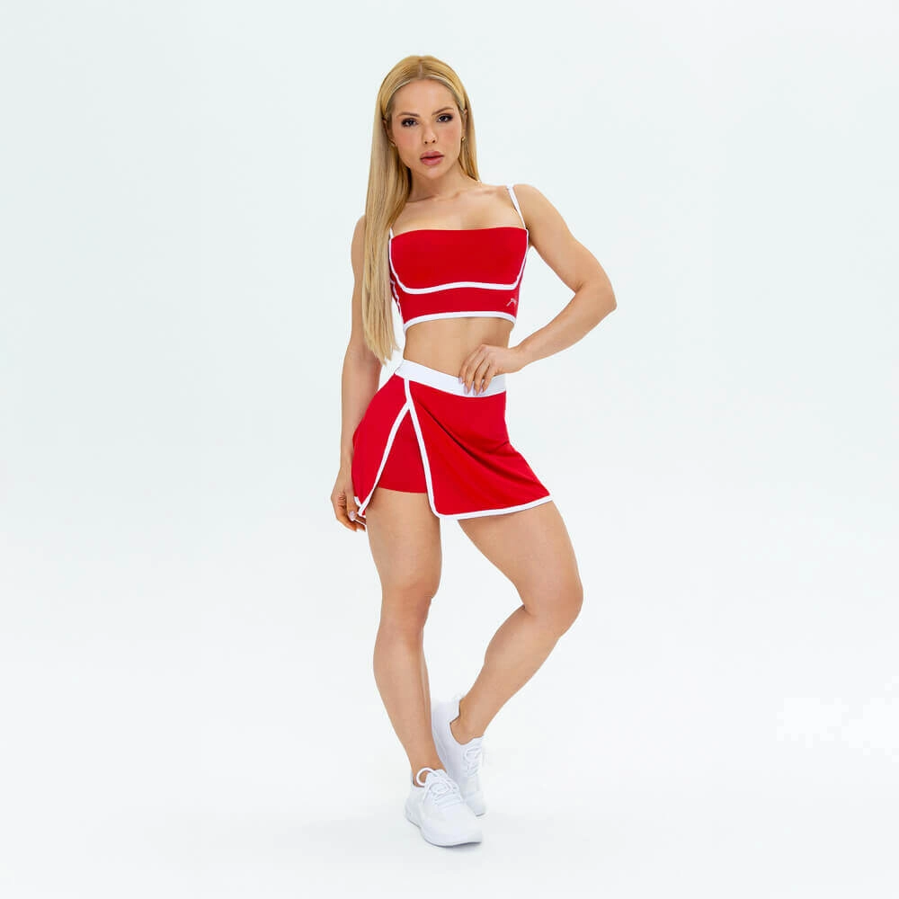 Short Saia Growth Vies Contrastante Vermelho Com Branco