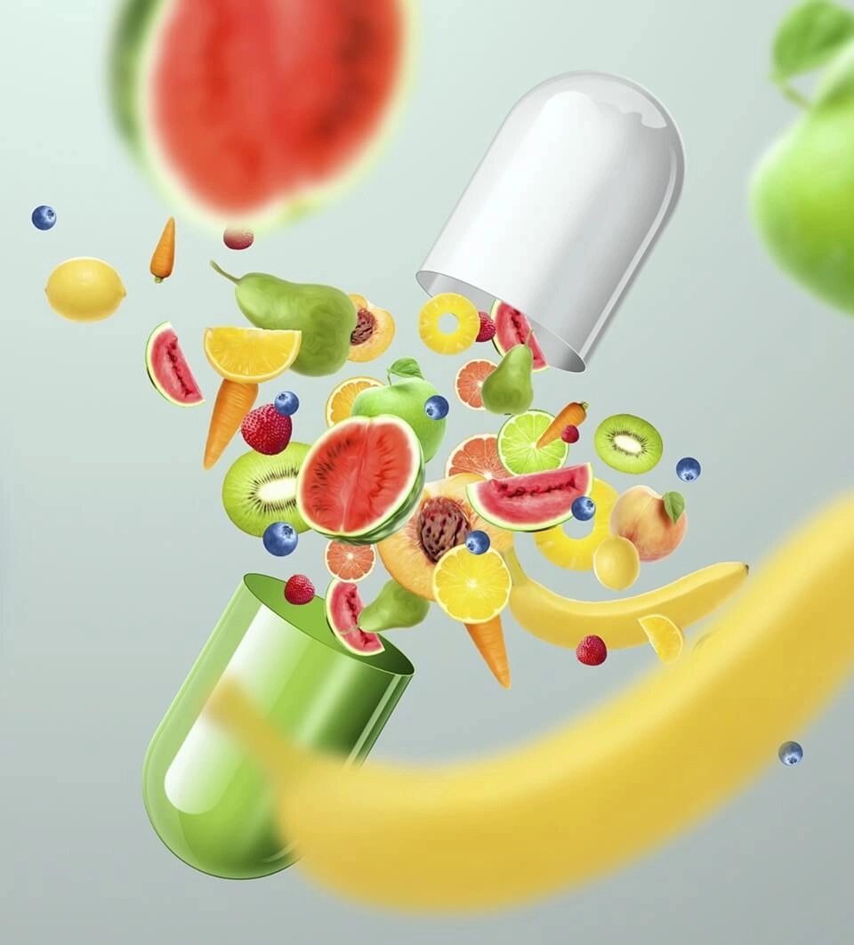 GROWTH SUPPLEMENTS - Cápsula aberta com inúmeras frutas